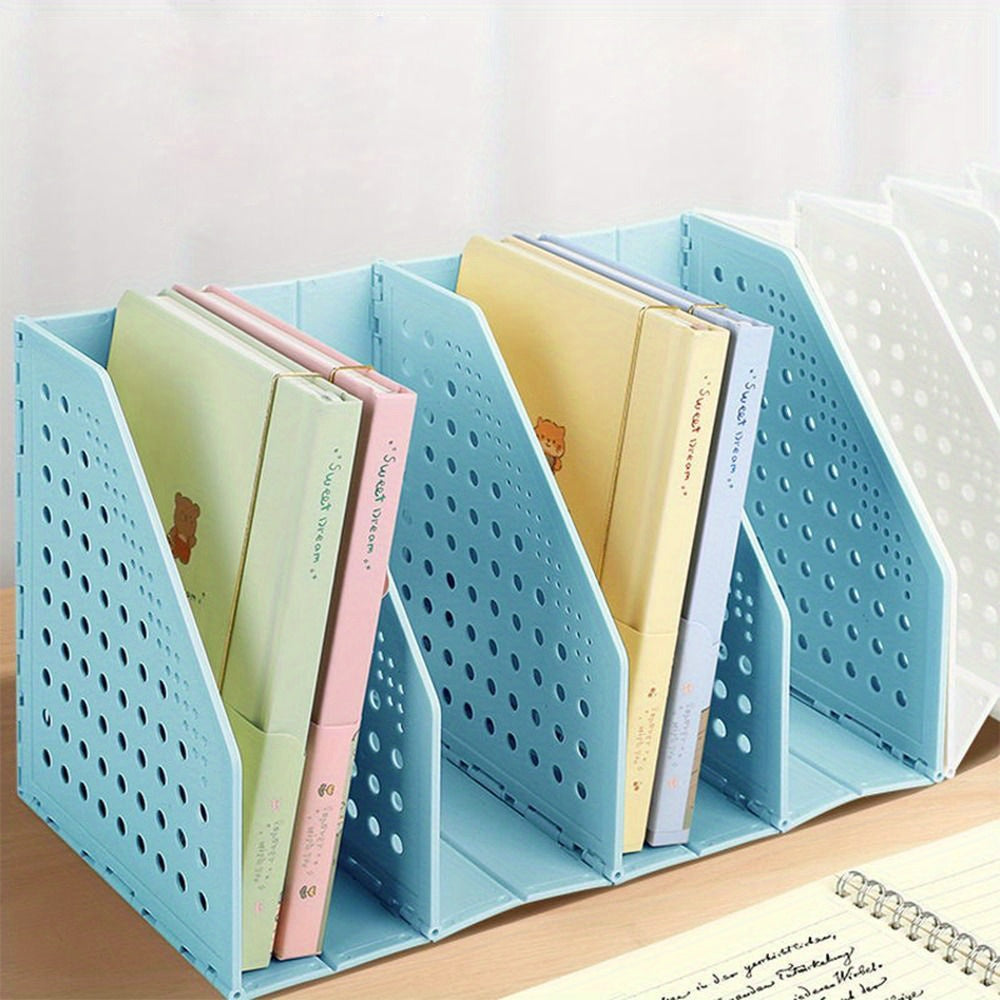 Adjustable Folding Bookstand 3-Tier Adjustable Folding Bookstand - Retractable PP Desktop Organizer with Multiple Compartments for Office, Home, or School Use (White, Yellow)